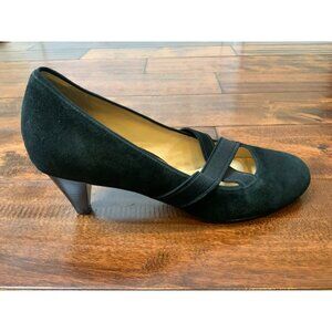 Cole Haan Black Suede Ballerina Strap Cone Heels, Size 8.5